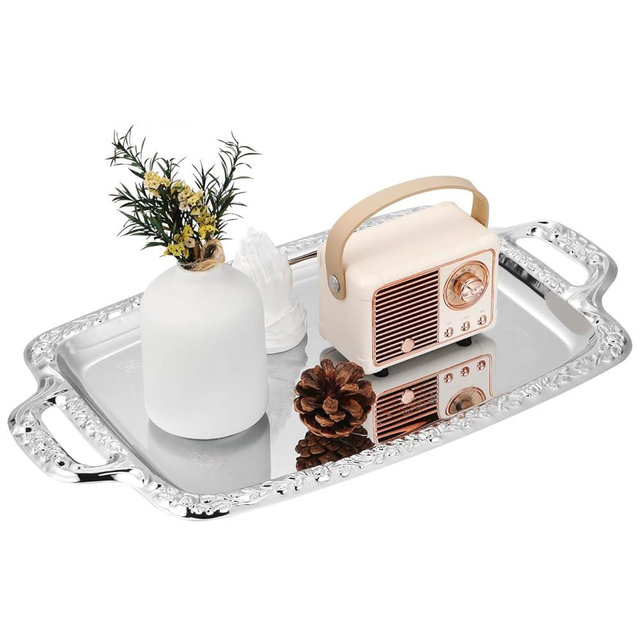 Cabilock Vintage Metal Bread Tray, Silver Decorative Serving Platter for Kitchen Dining Table, Food Serving Dish for Home Decor and Storage