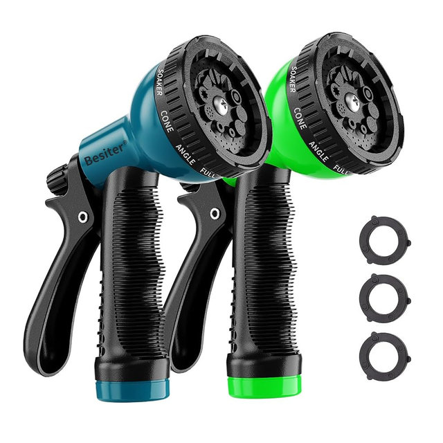 Besiter Garden Hose Nozzle Sprayer 10 Watering Patterns Spray Nozzles Heavy Duty Hose Head Lightweight Hose Attachment 2 Pack Bluegreen