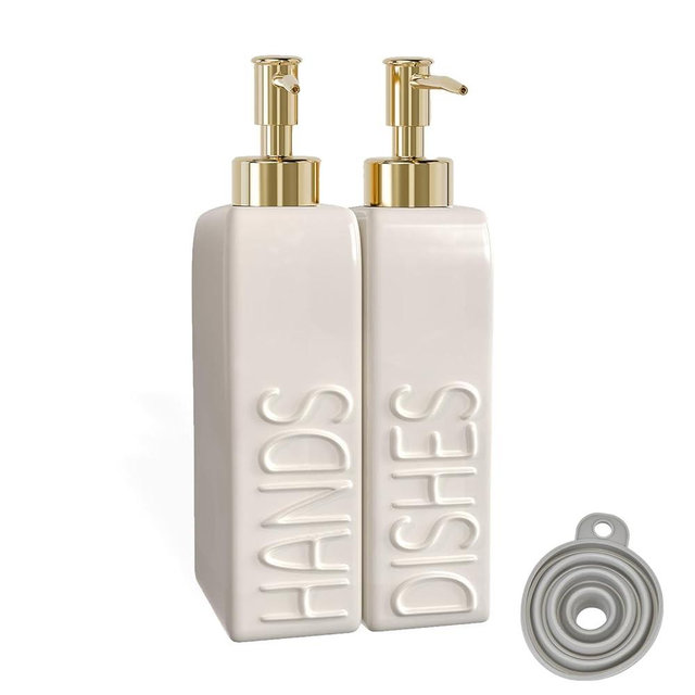 Karisky Soap Dispenser Set with Gold Stainless Steel Pump and a Funnel, 2 Pack Modern Ceramic Refillable Hand and Dish Soap Dispenser for Kitchen, Bathroom, Matte White