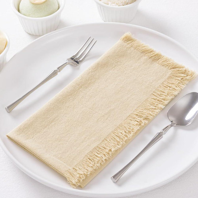 DeZerlor 12 Pack Champagne Cotton Linen Napkins with Fringe Spring Cloth Napkins Set of 12 Boho Handmade Easter Napkins Bulk for Wedding Bridal Baby Shower Tea Parties Decorations, 17 x 17 Inches