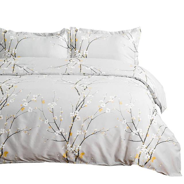 Bedsure Duvet Cover Set King Light Grey Plum Blossom Pattern Comforter Cover 3 Pieces(104x90 inches) Soft Microfiber