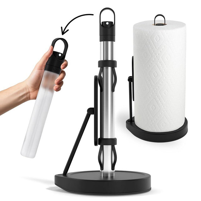 Stainless Steel Paper Towel Holder with Spray Pump – One-Handed Tear, Smart Traction System with Heavy Duty Suction Cups (Black, Tension Arm with Spray Pump)