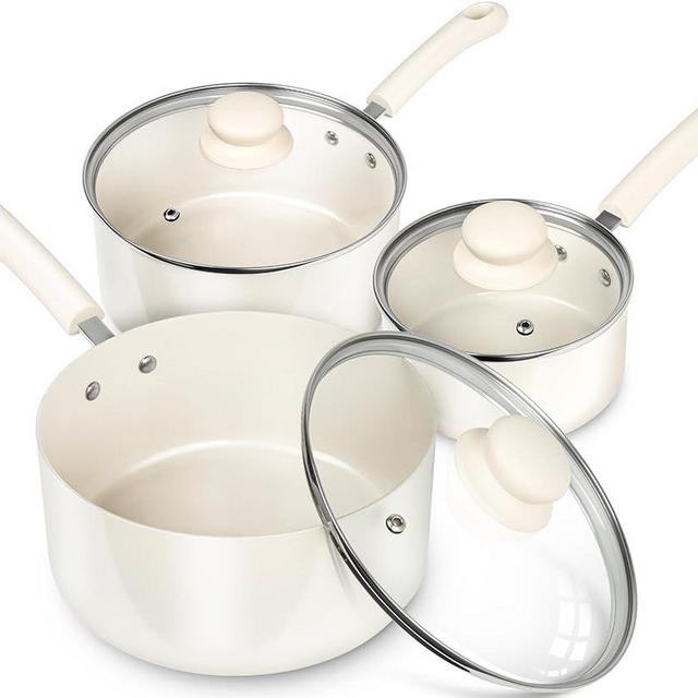 MICHELANGELO Sauce Pan Set With Lid, 1QT&2QT&3QT Ceramic Saucepans, Nonstick Saucepan Set, PFAS-FREE Pot Set, Small Pots For Cooking, Multipurpose Cooking Pots Set, White