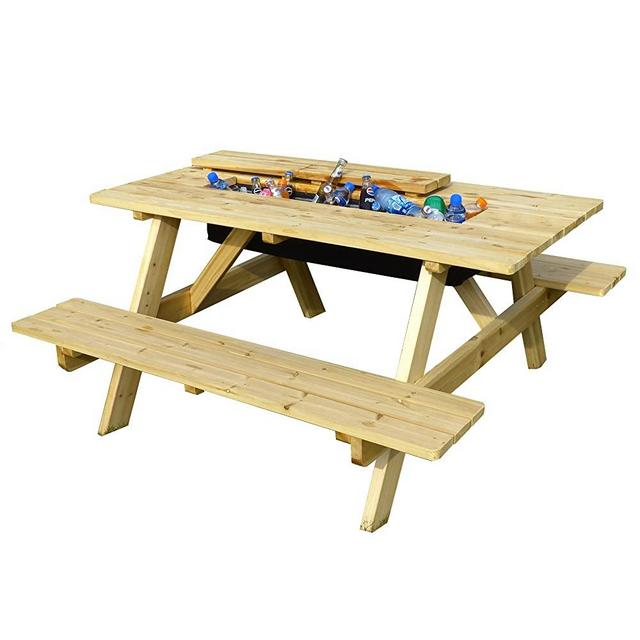 Merry Garden Cooler Wooden Picnic Table and Bench Kit Outdoor Patio Dining Table, Natural