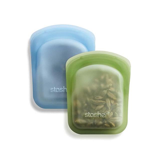Stasher Platinum Silicone Food Grade Reusable Storage Bag, Green + Blue (Pocket Size, 2 Set) | Reduce Single-Use Plastic | Cook, Store, or Freeze | Leakproof, Dishwasher-Safe, Eco-friendly | 4 Oz