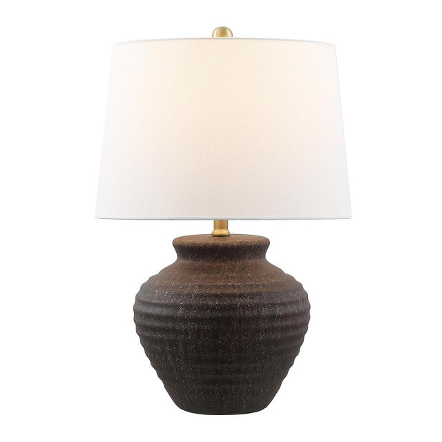 SAFAVIEH Lighting Collection Ledger 23-Inch Dark Brown Ceramic Table Lamp with Fabric Shade, LED Bulb Included, Bedside Nightstand Lamp (TBL4352C)