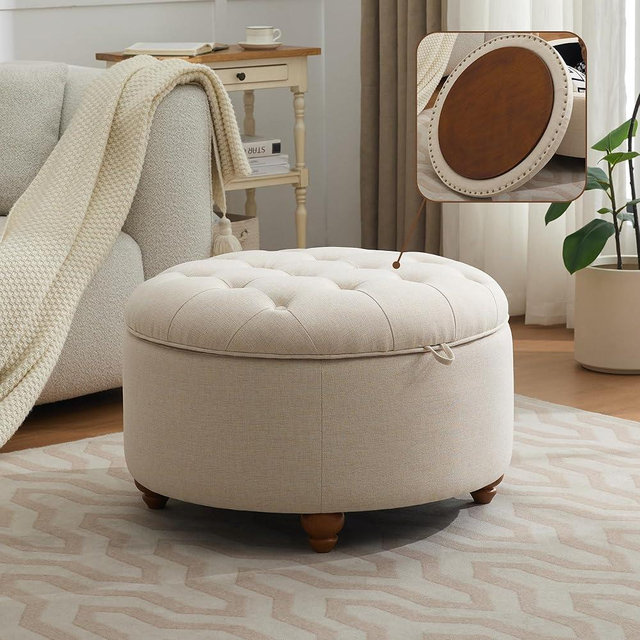 WUTUTUEE 30Inch Round Storage Ottoman with Tray, Modern Tufted Fabric Circle Coffee Table with Storage, Upholstered Ottoman with Removable Top for Living Room, Bedroom, Khaki