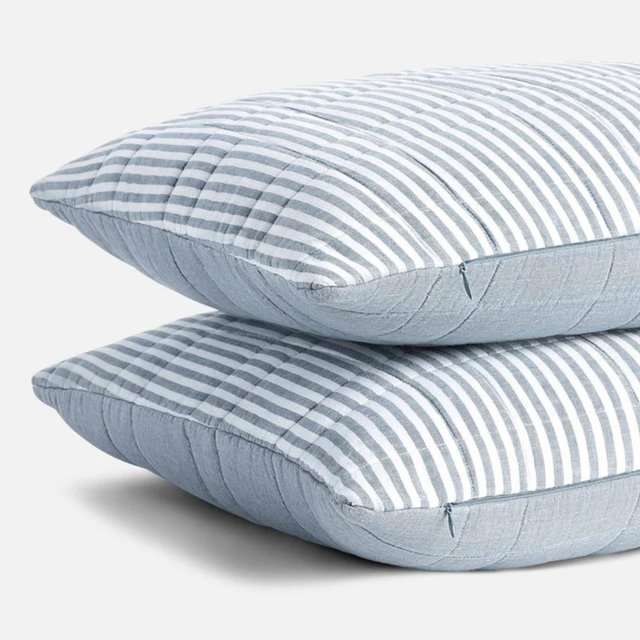 Washed European Linen Quilted Sham Set - (Color: Oxford Stripe in Storm Chambray)