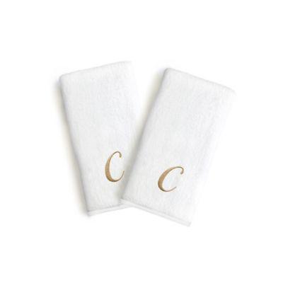 Linum Home Textiles Bridal Monogram Script Letter "C" Hand Towels in White/Gold (Set of 2)