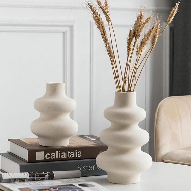 Mowtanco Ceramic Vase Set of 2, Off White Boho Vase for Modern Home Decor, Round Vases for Dried Flower, Pampas Grass, Pottery Vases for Office Centerpieces Wedding Dinner Table