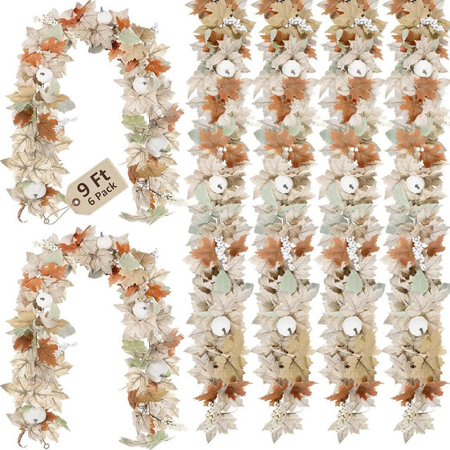 Neutral Fall Garland for Mantle Fireplace - 6 Pack Toatal 54Ft Outdoor Autumn Leaves Decor for Home Front Door with Pumpkins Indoor Maple for Farmhouse Stairs Porch Halloween Thanksgiving Decorations