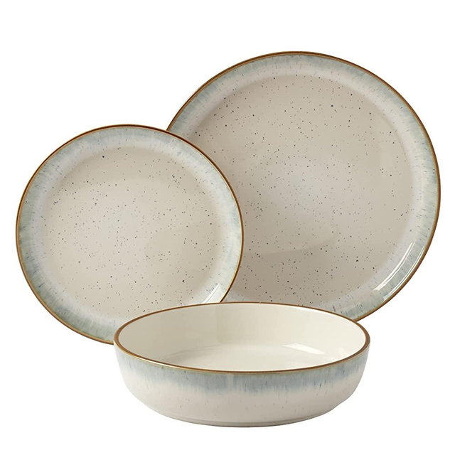 Tabletops Gallery Speckled Farmhouse Collection- Stoneware Dishes Service for 4 Dinner Salad Appetizer Dessert Plate Bowls, 12 Piece Hanover Dinnerware Set in Teal