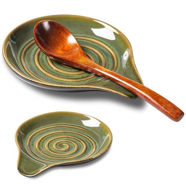 Large Spoon Rest for Stove Top, 6" Ceramic Spoon Holder for Kitchen Countertop, Coffee Spoon Rest, Large Cooking Spatula Holder for Spoons, Ladles or Tongs, Housewarming Gift Green（L）
