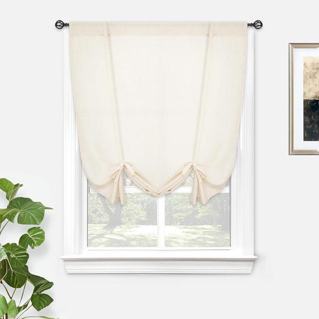 DriftAway Solid Color Linen Sheer Voile Tie Up Decorative Linen Textured Curtains Adjustable Balloon Curtains Rod Pocket Roman Curtains for Small Windows 25 Inch by 47 Inch Beige