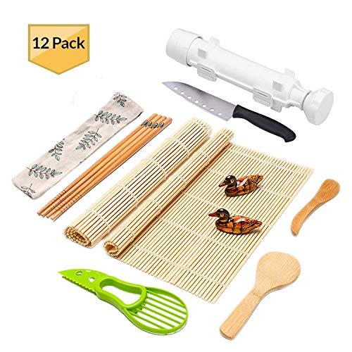 Sushi Making Kit Full Sushi Set for Beginners Sushi Bazooka Maker DIY Sushi Roller Machine with Natural Bamboo Sushi Mats Chopsticks Rice Paddle Spreader, Avocado Slicer, Sushi Knife -12 PACK