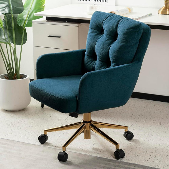 BALIAA Flannel Office Chair, Comfy Home Office Desk Chairs with Lumbar Support, Modern Velvet Desk Chair Gold Legs Small Swivel Task Chair for Home Office, Bedroom, Study (Blue, L)
