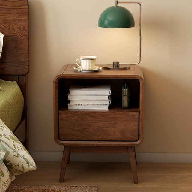 Vadisun 100% Solid Wood Nightstand, Walnut Night Stand with Drawer and Open Shelf, Mid Century Nightstand, Small Nightstands for Small Spaces, Walnut Bedside Table for Bedroom(20.47" H)