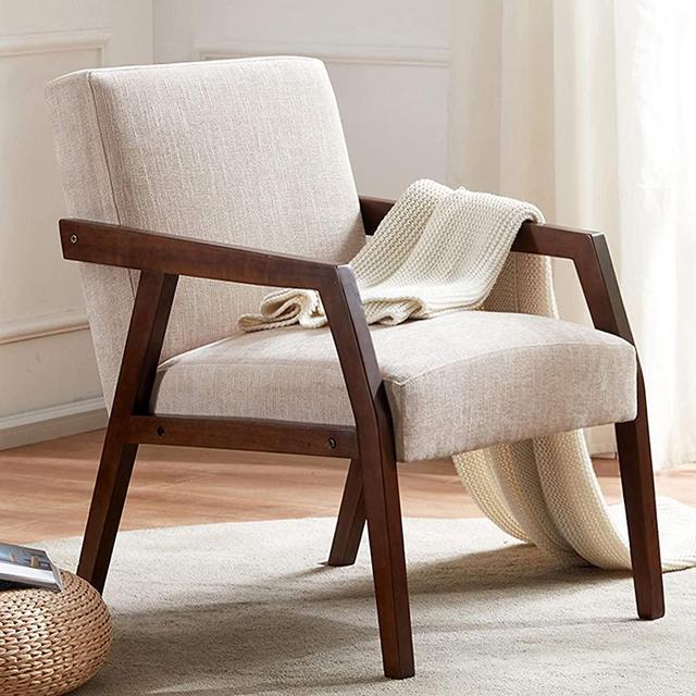 HUIMO Arm Chair Accent Chair, Wooden Mid-Century Modern Accent Chairs, Elegant Upholstered Lounge Chair for Living Room, Bedroom, Linen Fabric Padded Reading Chair, Side Chair (Brown)
