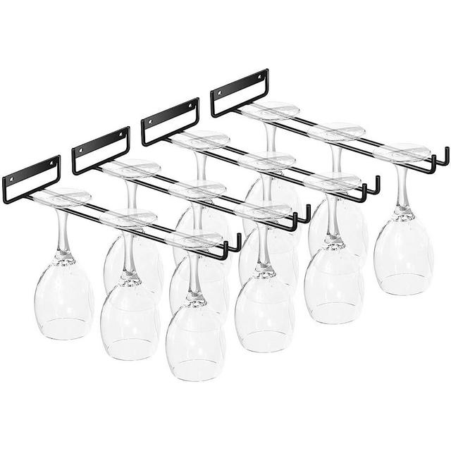BUILOG Wine Glass Hanging Rack 11.8 Inch Wall Mounted Under Cabinet Wine Glass Holder Iron Wire Glasses Storage Hanger Organizer Stemware for Cabinet Kitchen Bar Black