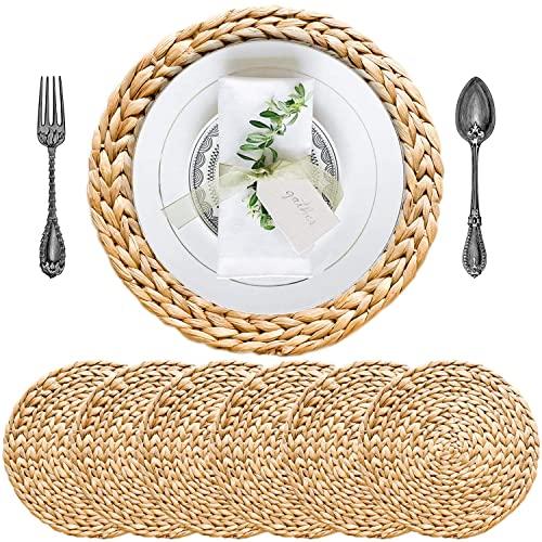 Round Placemats for Dining Table, Water Hyacinth Wicker Placemats, Placemats for Round Table, Woven Placemats, Seagrass Placemats , Table Mats, Diameter 14.6 Inches, Round Placemats Set of 6