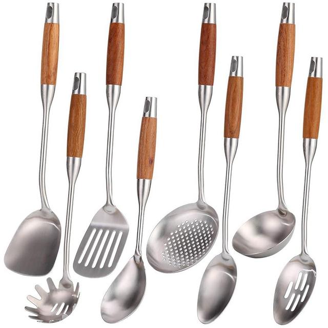 Standcn 304 Stainless Steel Kitchen Utensils Set with Wood Handle, 8 PCS Metal Cooking Utensils & Serving Utensils - Spatula and Ladle Set, Non Stick Cooking Spoons Set, Kitchen Gadgets Cookware Set