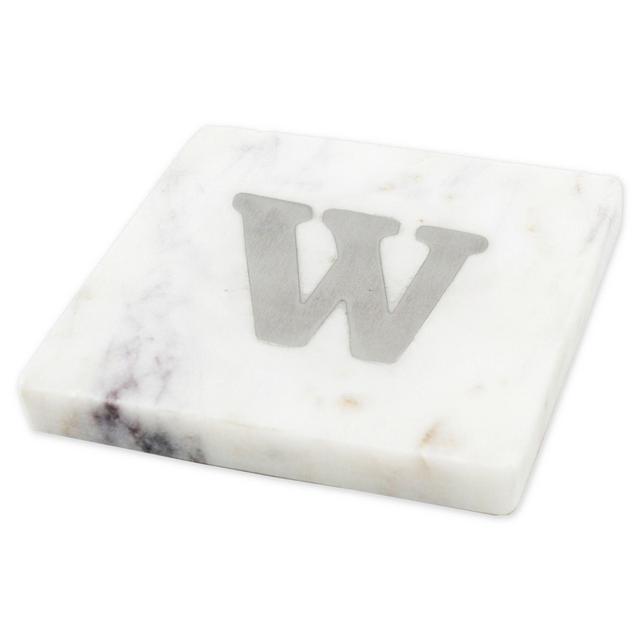 Jodhpuri White Marble Coaster with Steel Monogram "W" (Set of 4)