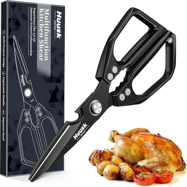 HUUSK Kitchen Scissors for Food - Stainless Steel Kitchen Shears, Sharp Black Meat Scissors Dishwasher Safe, Heavy Duty Poultry Shears, Japanese Cooking Scissor for Chicken, Christmas Gifts for Men