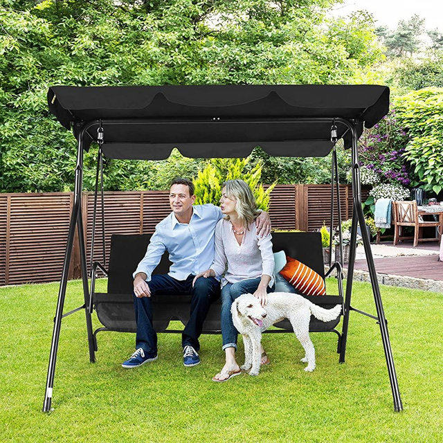 3-Seat Patio Swing Chair,Outdoor Porch Swing with Adjustable Canopy and Durable Steel Frame for Patio, Garden, Poolside(Black) 1