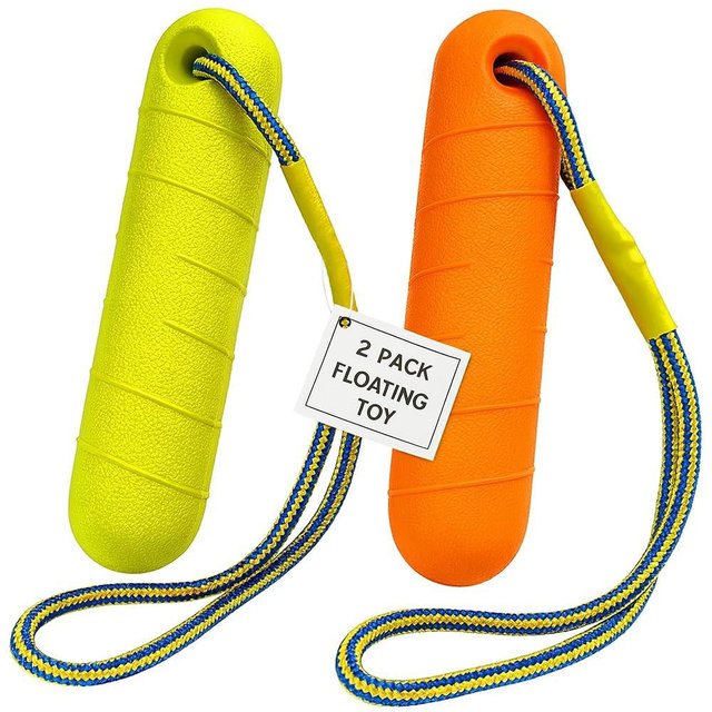 Ruffify Floating Dog Toys (2 Pack) – EVA Dog Bumper Throw Stick for Water Training Fetch & Retrieving, High Visibility Orange & Green with Rope Handle, Ideal for Beach, Diving, Pool & Outdoor Play