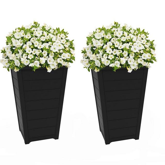Keter Set of 2 Resin Modern Outdoor 22 Inch Tall Large Flower Pots, Tapered Wood Look Planters for Outdoor Plants and Front Porch Decor, Graphite