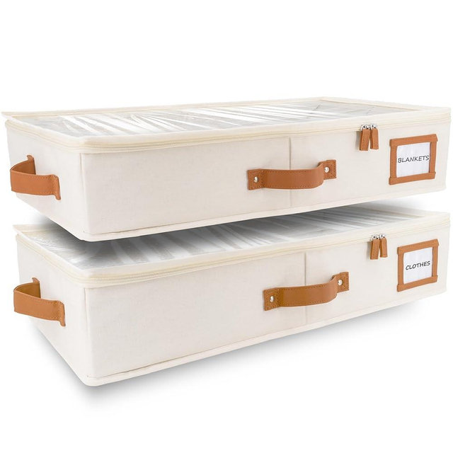 HOMELUX THEORY 2pc Under Bed Storage Containers, Bedroom Under the Bed Drawer Storage Organizer with Bins and Lids, Large Underbed Clothes Storage Box Ideal for Blanket, Fabric, & Shoes (Ivory)