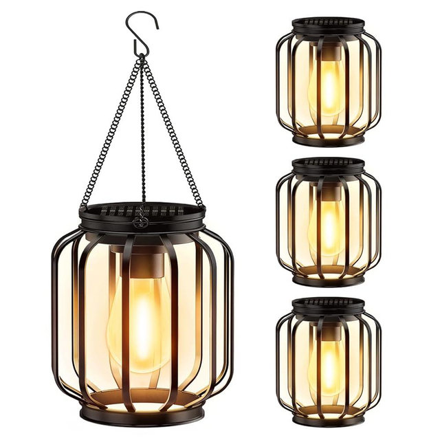 Solar Hanging Lanterns Outdoor, 4 Pack Metal Lights With Hook, Bright and Warm Waterproof for Outside, Classic Outdoor Lights for Yard Garden Patio Porch Decor