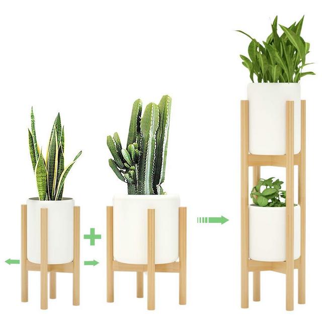 2 Pack Indoor Plant Stands, 2 Tier Tall Plant Stand 30 inches, Mid Century Bamboo Plant Stand, Adjustable Width 8 - 12 inches, Fits Pot Size of 8 9 10 11 12 inches Pot & Plant Not Included, Natural