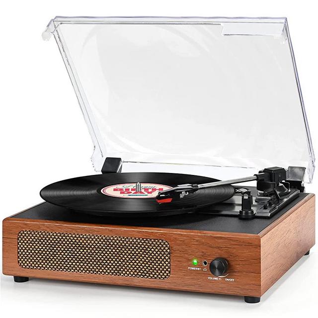 Vinyl Record Player with Speaker Vintage Turntable for Vinyl Records, Belt-Driven Turntable Support 3-Speed, USB Playback, Headphone, AUX-in, RCA Line Retro Brown LP Vinyl Players for Sound Enjoyment