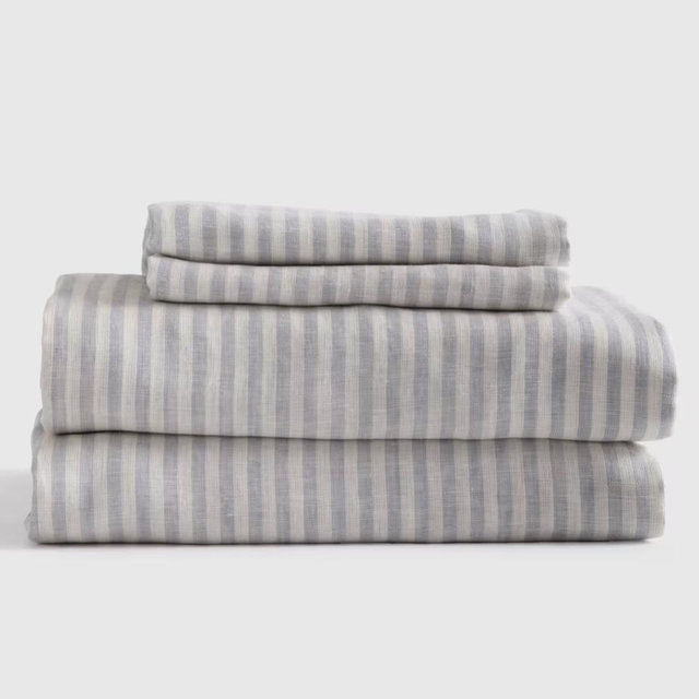 Linen Sheets | Quince in Mist/White Stripe - QUEEN
