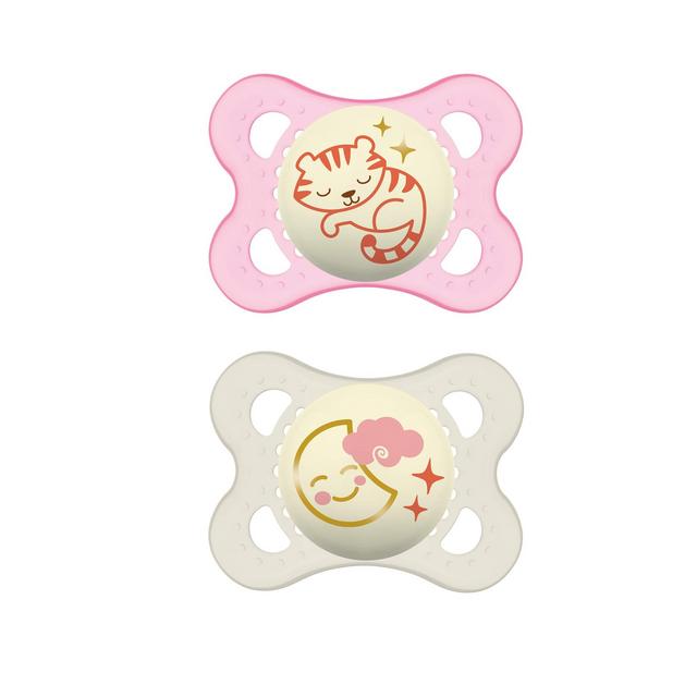 MAM Night Pacifiers (2 Pack, 1 Sterilizing Pacifier Case), MAM Pacifiers 0-6 Months, Best Pacifier for Breastfed Babies, Glow in the Dark Pacifier, Baby Girl Pacifier