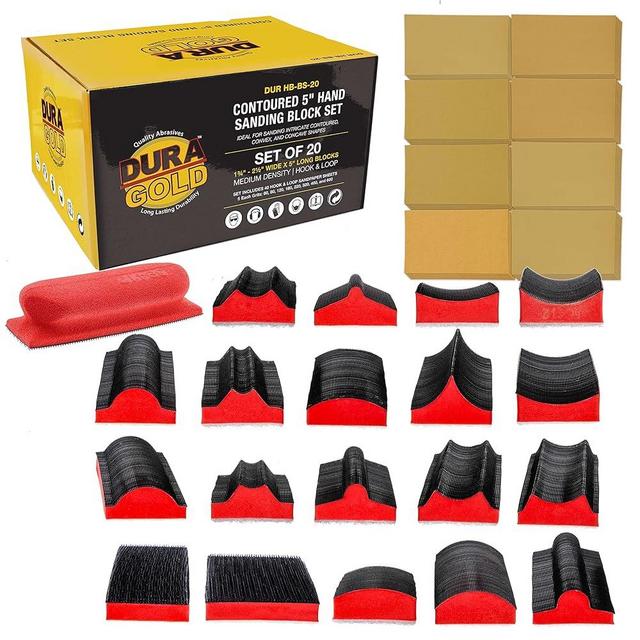 Dura-Gold 20-Piece Contoured Profile 5" Hand Sanding Block Set with 40 Sheet Hook & Loop Sandpaper Kit - Interchangeable Assorted Convex & Concave Shapes - Sand Wood Woodworking Furniture, Auto Paint