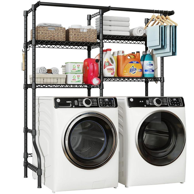 ULIFHOME U14 Over Washer and Dryer Storage Shelves, 4 Tiers Laundry Room Storage and Organizer System, Space Saving Clothes Drying Rack with 2 Clothes Hanger Rods, 66.5" W x 20.5" D x 77.4" H, Black