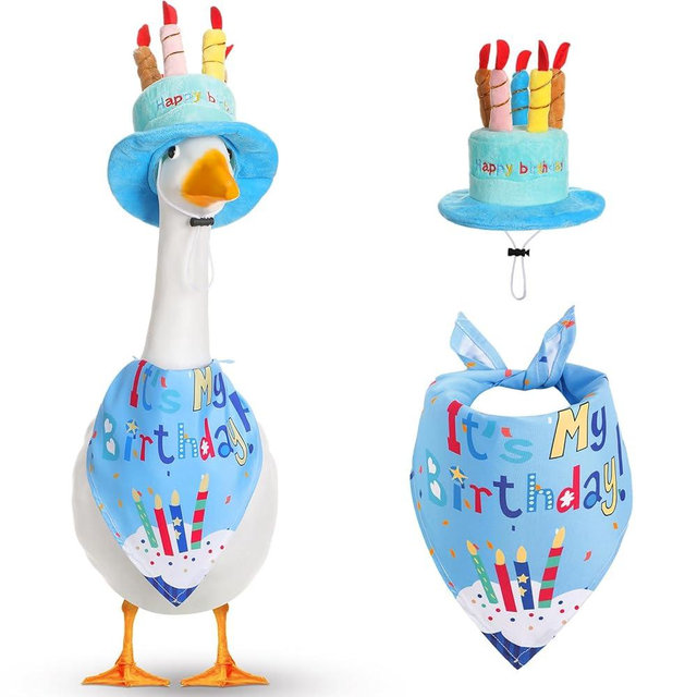 Dansydaisy Happy Birthday Goose Outfit Porch Goose Outfits with Happy Birthday Cake Hat and Bandana Yard Geese Outfits for 23" 17" Cement Plastic Geese Duck Decorations(Style 1,Blue)