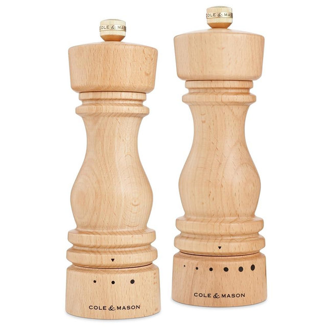 Cole & Mason London Salt & Pepper Mill Gift Set - Refillable Spice Shakers with a Premium Wood Design - Adjustable for Fine to Coarse Seasonings - Uses Carbon Steel Mechanism - Beech Wood, 7”