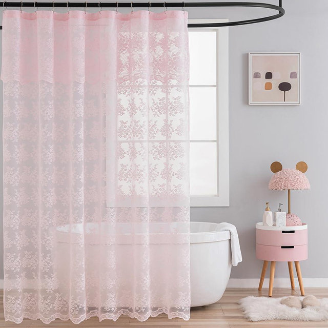 TUDECO Pink Shower Curtain - Shabby Chic Lace Girly Spring Cute Shower Curtain with Attach Valance, Sheer Vintage Coquette Floral Aesthetic Decor, Scalloped Edge, 72 x 72 Inch, Light Pink