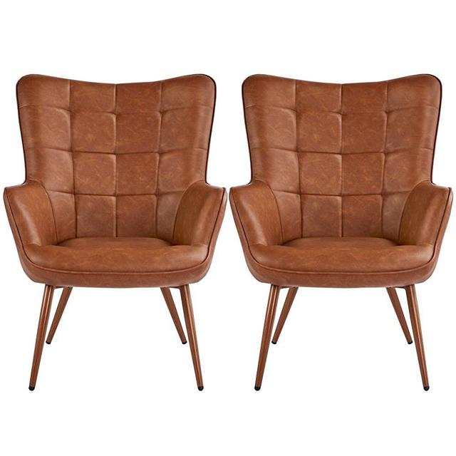 Yaheetech Faux Leather Leisure Chair Accent Chair Armchair Upholstered Biscuit Tufted Wingback Chair with Tapered Legs for Living Room Home Office Study Vanity Bedroom Brown, Set of 2