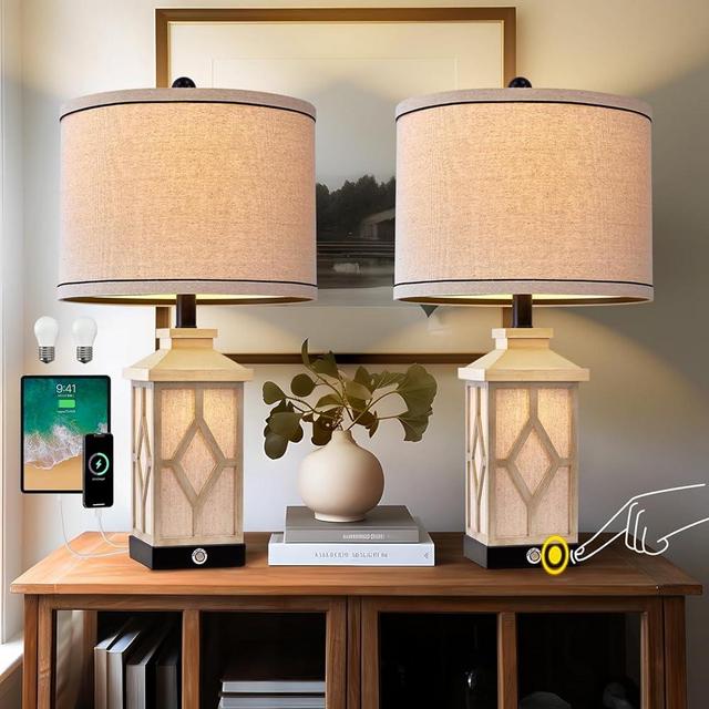 G-SAFAVA 23.5" Touch Table Lamps for Living Room Set of 2 Farmhouse Bedside Lamps with USB A+C Charging Ports 3-Way Dimmable White Lamps Retro Lamps for Night Stands Boho Bedroom Lamps