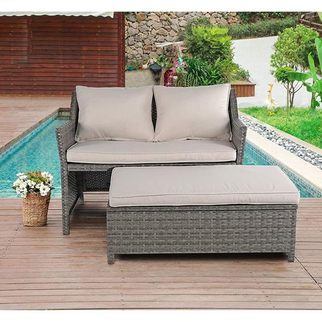 OC Orange-Casual 2-Piece Outdoor Patio Furniture Wicker Love-seat and Coffee Table Set, with Built-in Storage Bin, Grey Rattan, Beige Cushions