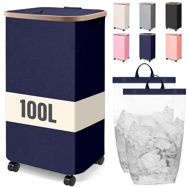 100L Laundry Hamper With Wheels,Large Collapsible Rolling Laundry Basket,Dirty Clothes Hamper With Lid in Laundry Room Bedroom Bathroom College Dorm for Adults,Blue