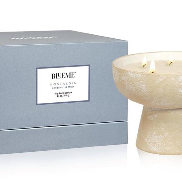 BLUEME Nostalgia-Bergamot & Musk, 5 Wick, Refillable Wellness Candle, Contains Essential Oil, Sustainable, Hand Finished, Hand Poured, Premium, Luxury Ceramic, Natural Cotton Wick, Soy-Wax Blend
