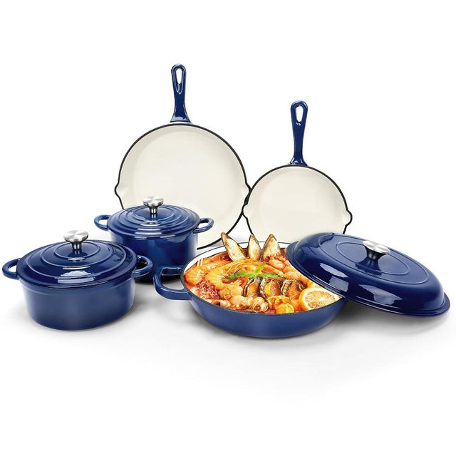 Nonstick Enameled Cast Iron Cookware Set, 8-Pcs Pots and Pans with Lid, Frying Pan Skillet, Sauce Pan, Healthy Round Dutch Oven Pot for Sourdough Bread Baking on All Stovetop, Come with Organizer,Navy