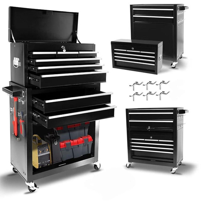 PLENTORA Rolling Tool Chest - 8 Drawers Tool Box Organizer with Lockable Wheels, Sliding Drawers, Detachable Top Tool Box - Tool Storage Cabinet for Garage Workshop, Black