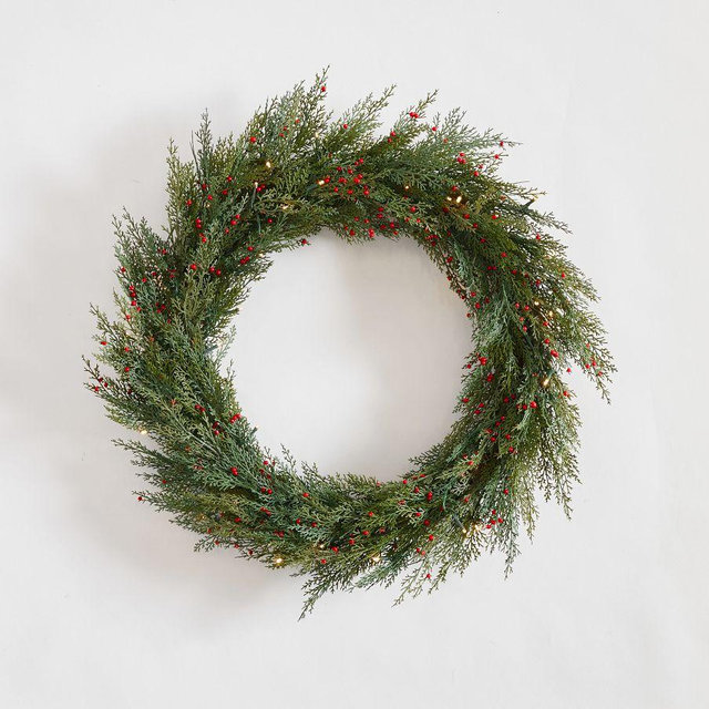 Lit Cedar Berry Pine Wreath Red 28"