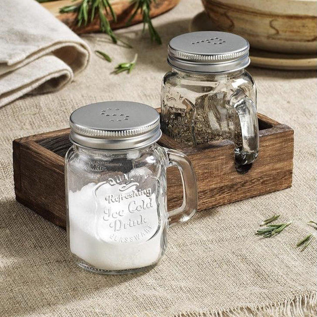 Mason Jar Salt and Pepper Shakers - Vintage Glass Condiment Dispenser Set with Wooden Holder Caddy - Farmhouse Kitchen Decor, Easy Refill 5-ounce Capacity with Stainless Steel Lids